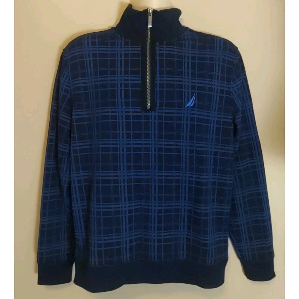 Nautica Men Blue Plaid Quarter Zip‎ Contrast Trim Long sleeve Sweater Size M